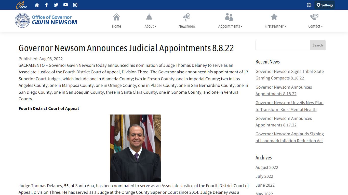 Governor Newsom Announces Judicial Appointments 8.8.22